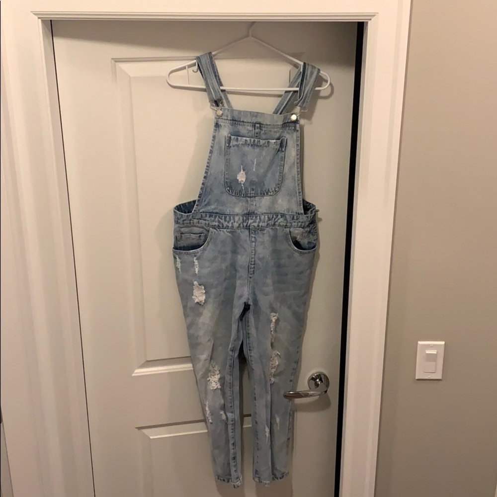 Distressed, denim overalls